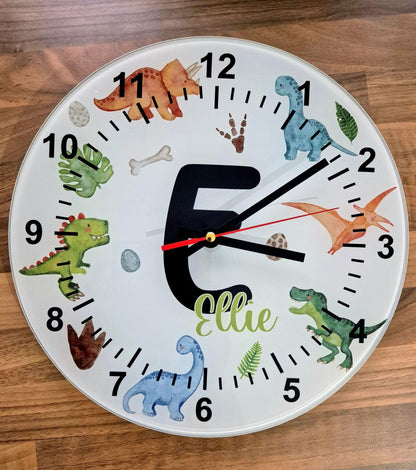 Personalised Dinosaur Wall Clock | Glass | Kids' Room Décor