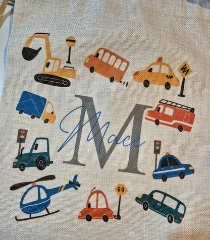 Personalised Cars & Transport Drawstring Bag | Kids School PE Bag | Custom Name Boy Gift