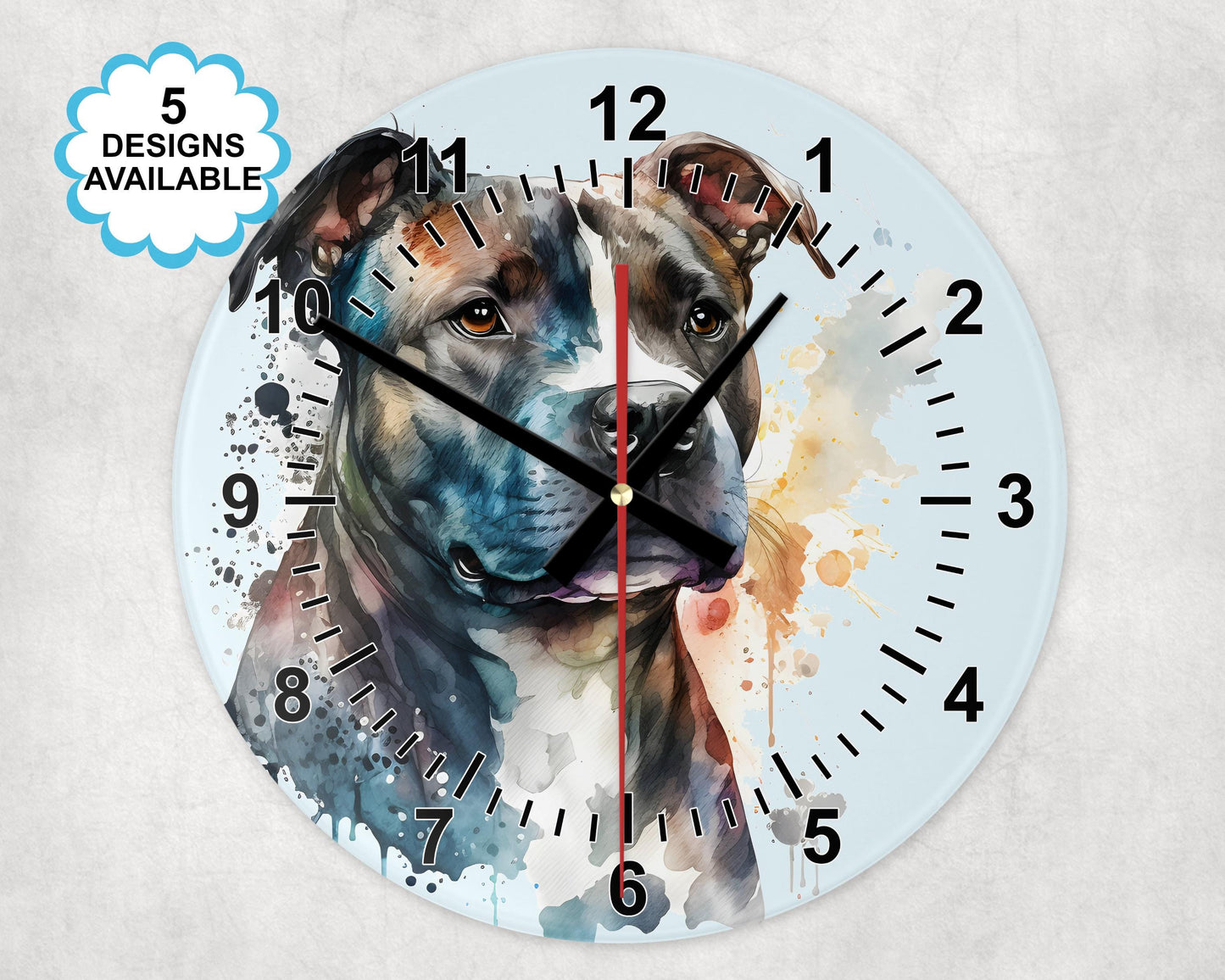 Glass Staffordshire Bull Terrier Wall Clock | Watercolour | Dog Lover Gift