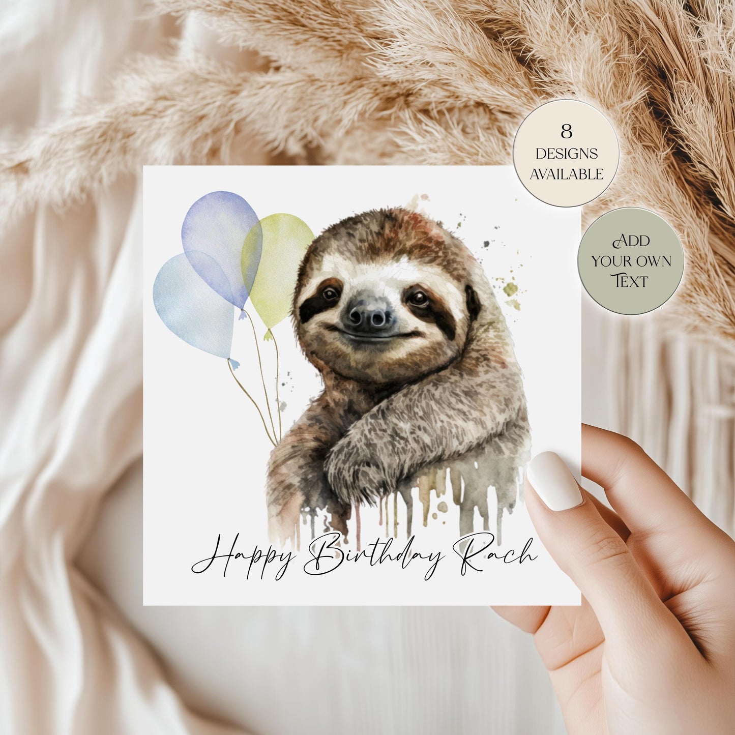Personalised Sloth Birthday Card – Watercolour Sloth with Balloon Greetings Card