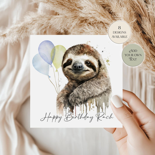Personalised Sloth Birthday Card – Watercolour Sloth with Balloon Greetings Card