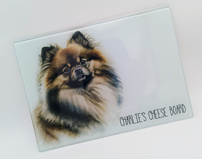 Personalised Pomeranian Glass Chopping Board – Watercolour Dog Kitchen Gift