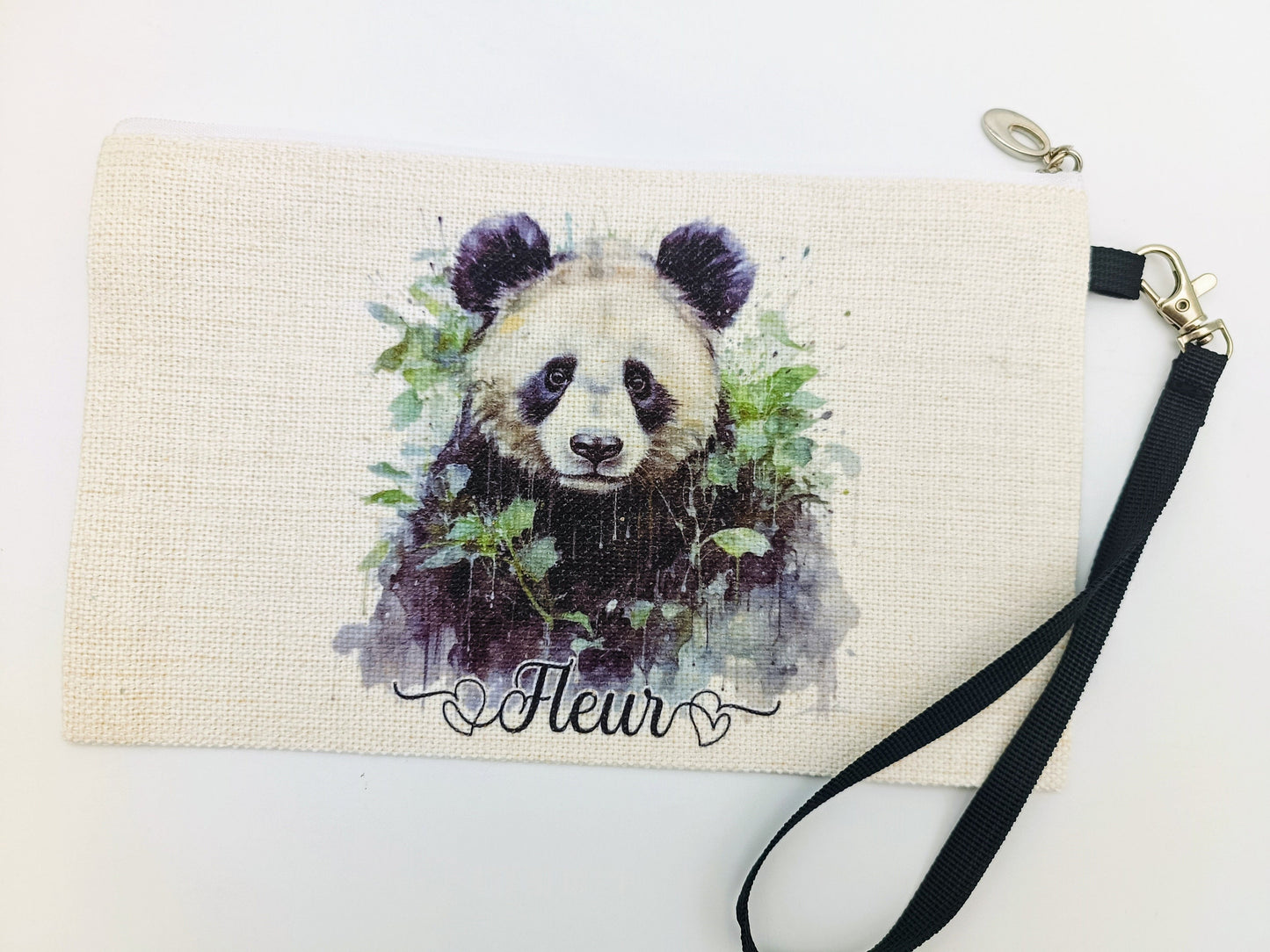 Personalised Panda Bear Makeup Bag – Custom Linen Pouch with Strap