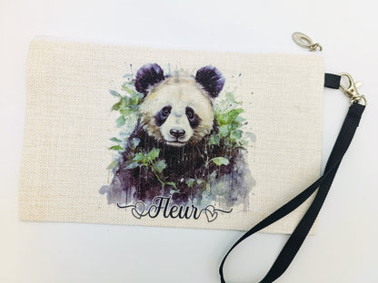 Personalised Panda Bear Makeup Bag – Custom Linen Pouch with Strap