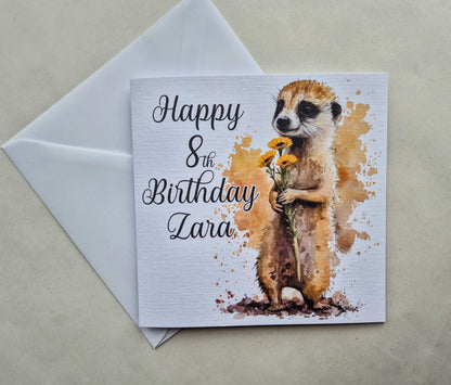 Personalised Meerkat Birthday Card – Cute Floral Greeting Card
