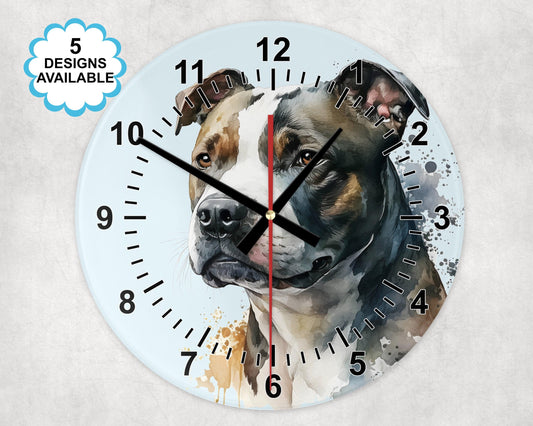 Glass Staffordshire Bull Terrier Wall Clock | Watercolour | Dog Lover Gift