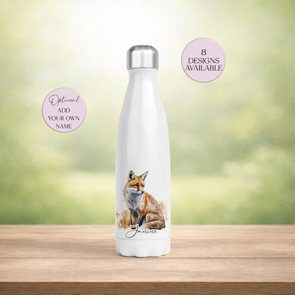 Personalised Fox Water Bottle – Insulated Stainless Steel Flask, Fox Lover Gift