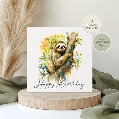 Personalised Sloth Birthday Card – Watercolour Sloth with Balloon Greetings Card
