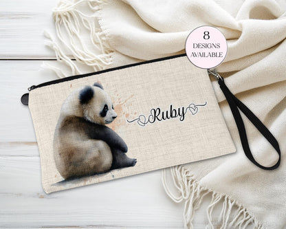 Personalised Panda Bear Makeup Bag – Custom Linen Pouch with Strap