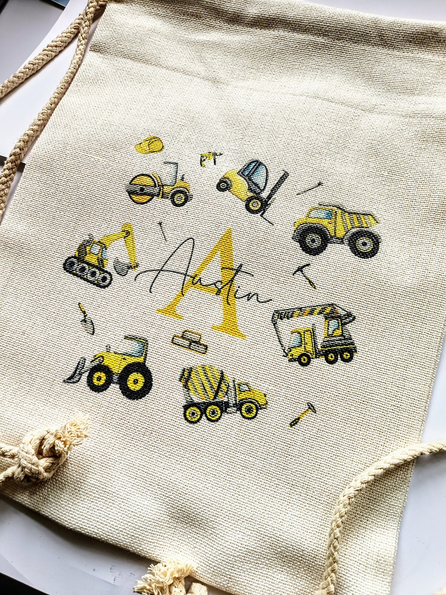 Personalised Digger Drawstring Bag – Construction Theme Kids Bag | PE, School & Swimming
