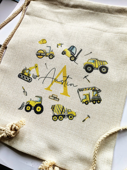 Personalised Digger Drawstring Bag – Construction Theme Kids Bag | PE, School & Swimming