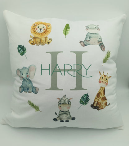 Personalised Jungle Safari Animal Cushion | Custom Kids Nursery Pillow | Wildlife Gift for Children