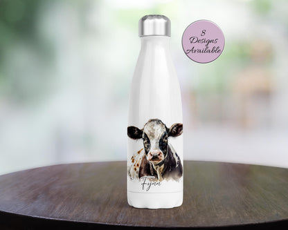 Personalised Cow Water Bottle – Insulated Stainless Steel Flask - Cow Lover Gift