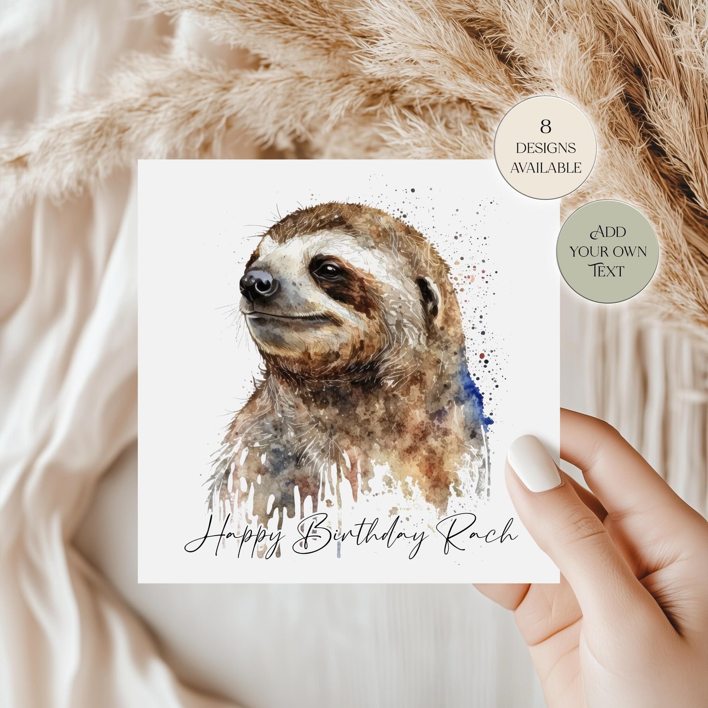 Personalised Sloth Birthday Card – Watercolour Sloth with Balloon Greetings Card