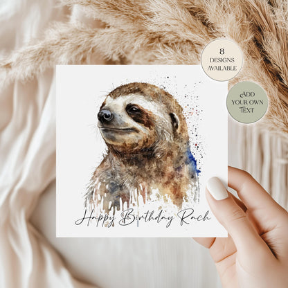 Personalised Sloth Birthday Card – Watercolour Sloth with Balloon Greetings Card