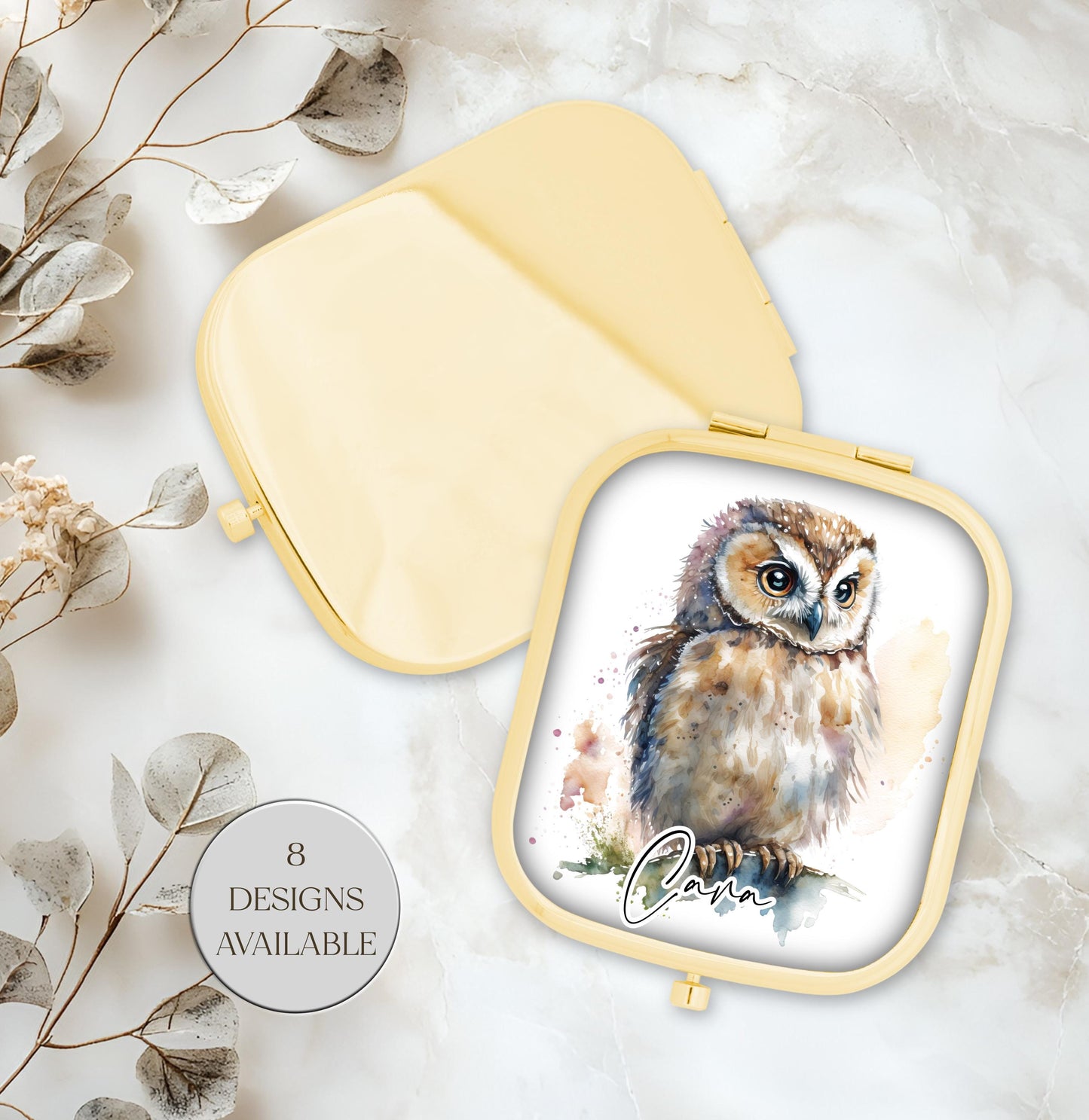 Personalised Watercolour Owl Compact Mirror – Rose Gold or Yellow Gold | Custom Handbag Gift