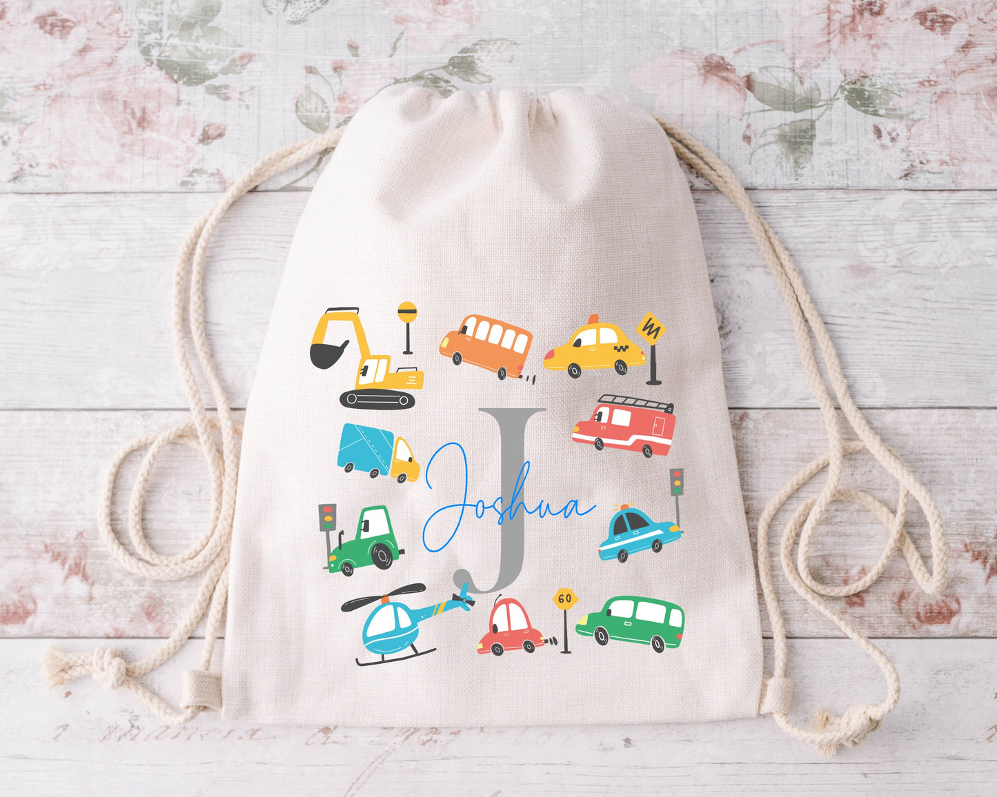 Personalised Cars & Transport Drawstring Bag | Kids School PE Bag | Custom Name Boy Gift