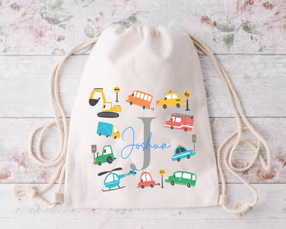 Personalised Cars & Transport Drawstring Bag | Kids School PE Bag | Custom Name Boy Gift