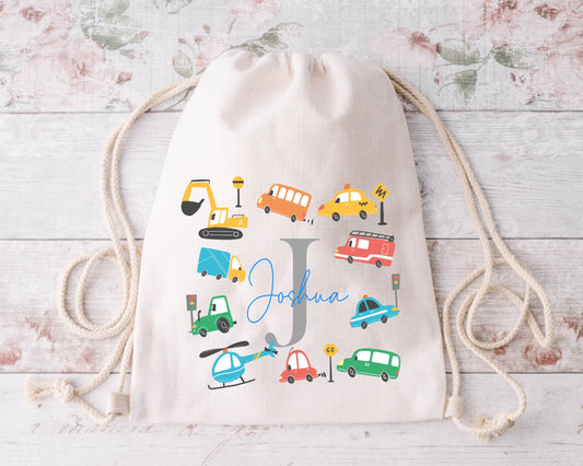 Personalised Cars & Transport Drawstring Bag | Kids School PE Bag | Custom Name Boy Gift