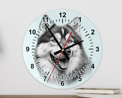 Alaskan Malamute Glass Wall Clock – 20cm & 30cm | Dog Lover Home Décor Gift