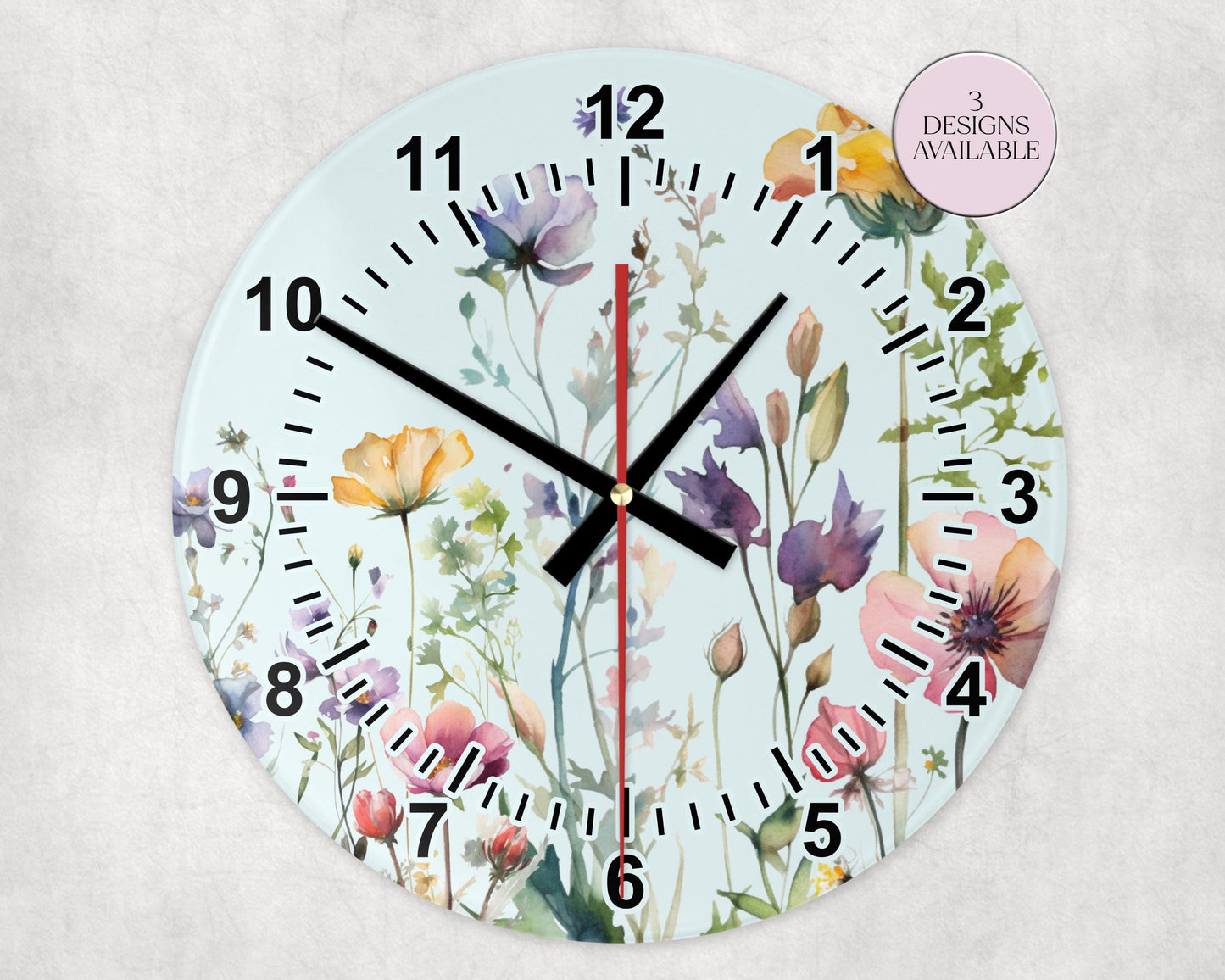 Glass Watercolour Wildflower Clock – Floral Wall Clock - Nature-Inspired Home Gift