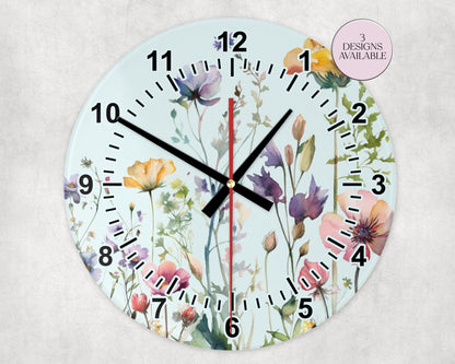 Glass Watercolour Wildflower Clock – Floral Wall Clock - Nature-Inspired Home Gift