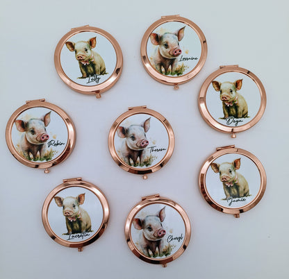 Personalised Watercolour Rose Gold Pig Compact Mirror - Beauty gift