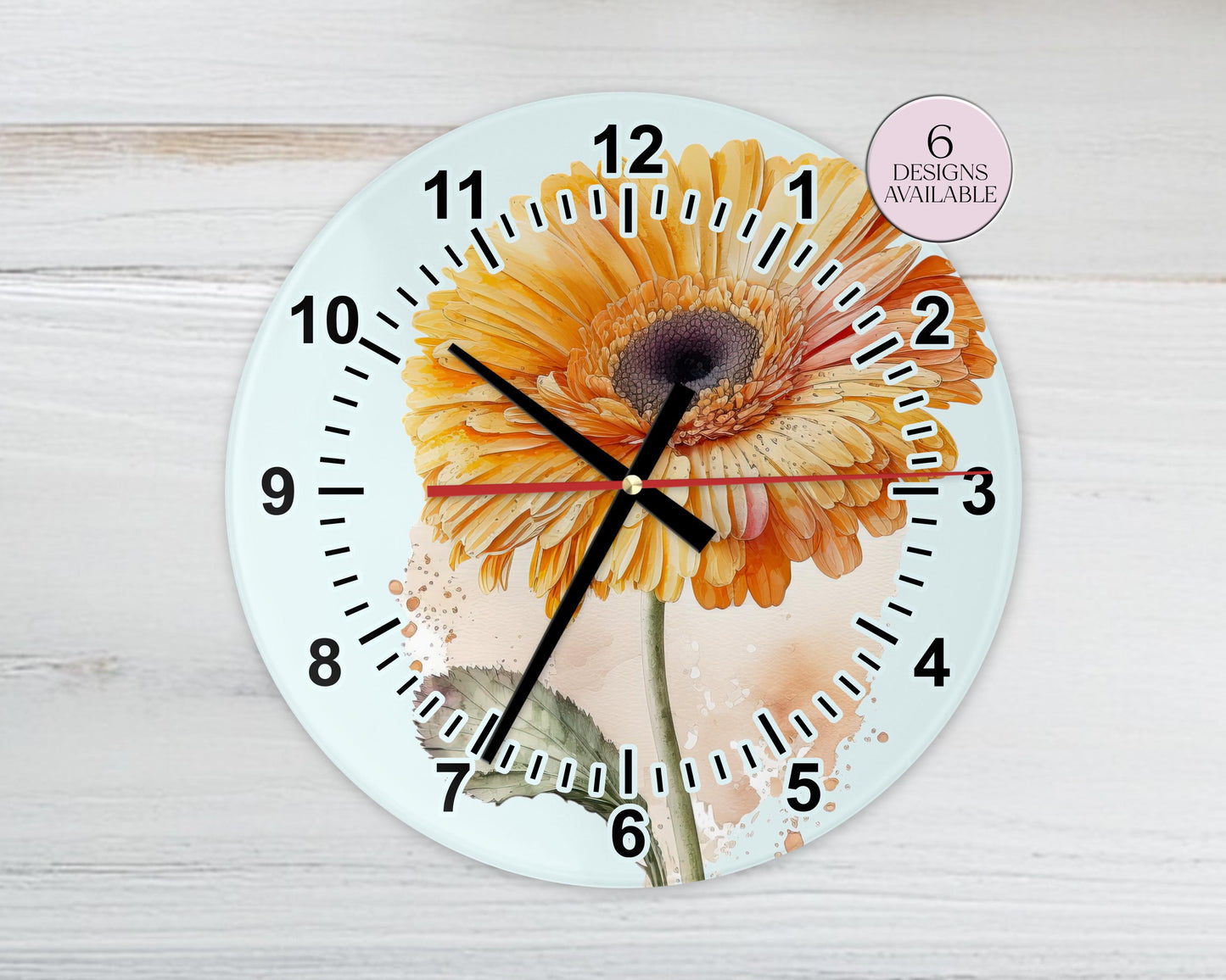 Personalised Watercolour Gerbera Glass Wall Clock | Floral Home Décor | Unique Gift for Her
