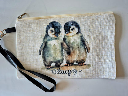Personalised Watercolour Penguin Makeup Bag | Custom Cosmetic Pouch | Penguin Lover Gift