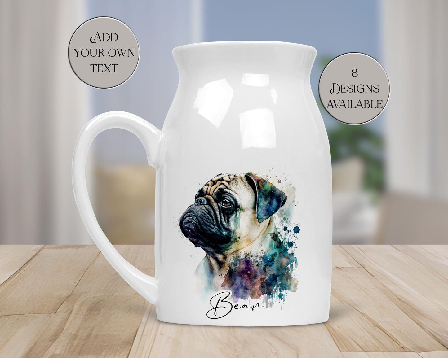Personalised Watercolour Pug Milk Jug | Flower Vase | Pug Lover Gift