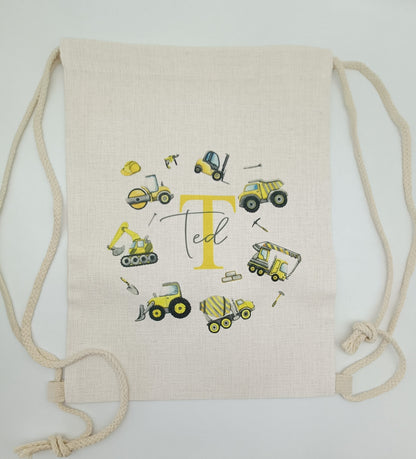 Personalised Digger Drawstring Bag – Construction Theme Kids Bag | PE, School & Swimming