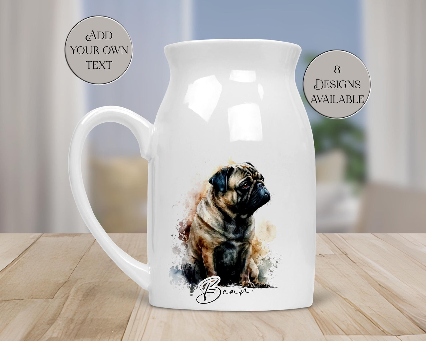 Personalised Watercolour Pug Milk Jug | Flower Vase | Pug Lover Gift