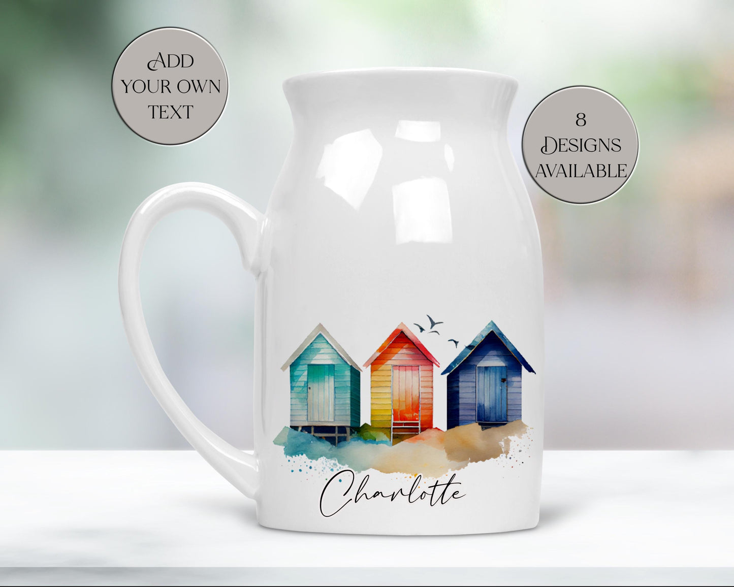 Personalised Watercolour Beach Hut Milk Jug | Flower Vase | Coastal Home Décor Gift