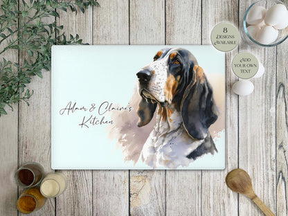 Personalised Basset Hound Glass Chopping Board | A3 or A4 | Dog Lover Gift