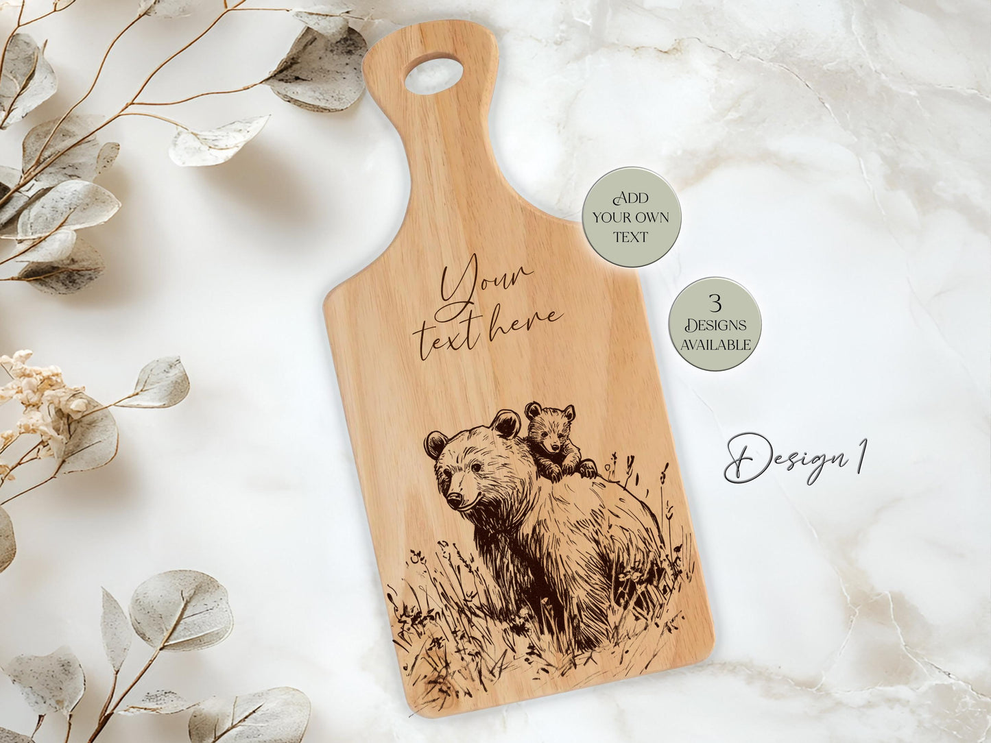 Personalised Wooden Bear Cutting Board | Bear Mum & Baby | Engraved Kitchen Gift