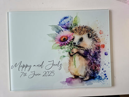 Personalised Hedgehog Glass Chopping Board - Custom Cheese Platter - Housewarming - Kitchenware - Home Décor
