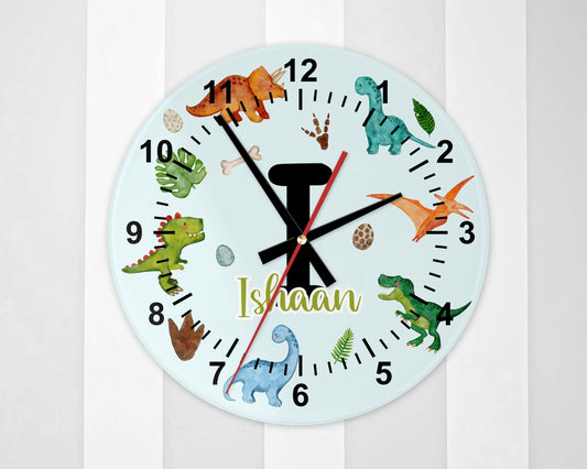 Personalised Dinosaur Wall Clock | Glass | Kids' Room Décor