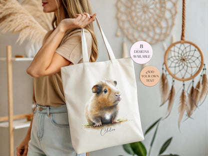 Personalised Watercolour Guinea Pig Tote Bag | Custom Guinea Pig Lover Gift | Long Handle Shopper