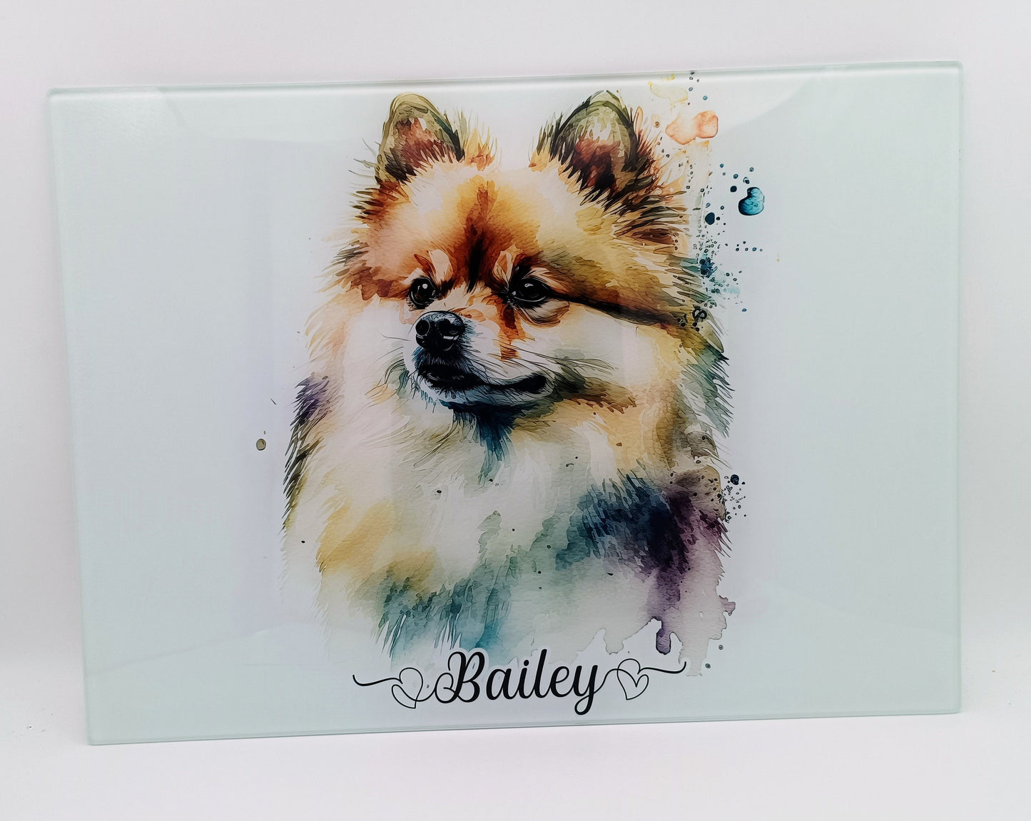 Personalised Pomeranian Glass Chopping Board – Watercolour Dog Kitchen Gift