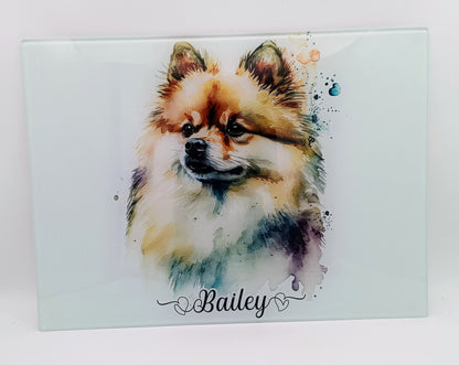 Personalised Pomeranian Glass Chopping Board – Watercolour Dog Kitchen Gift