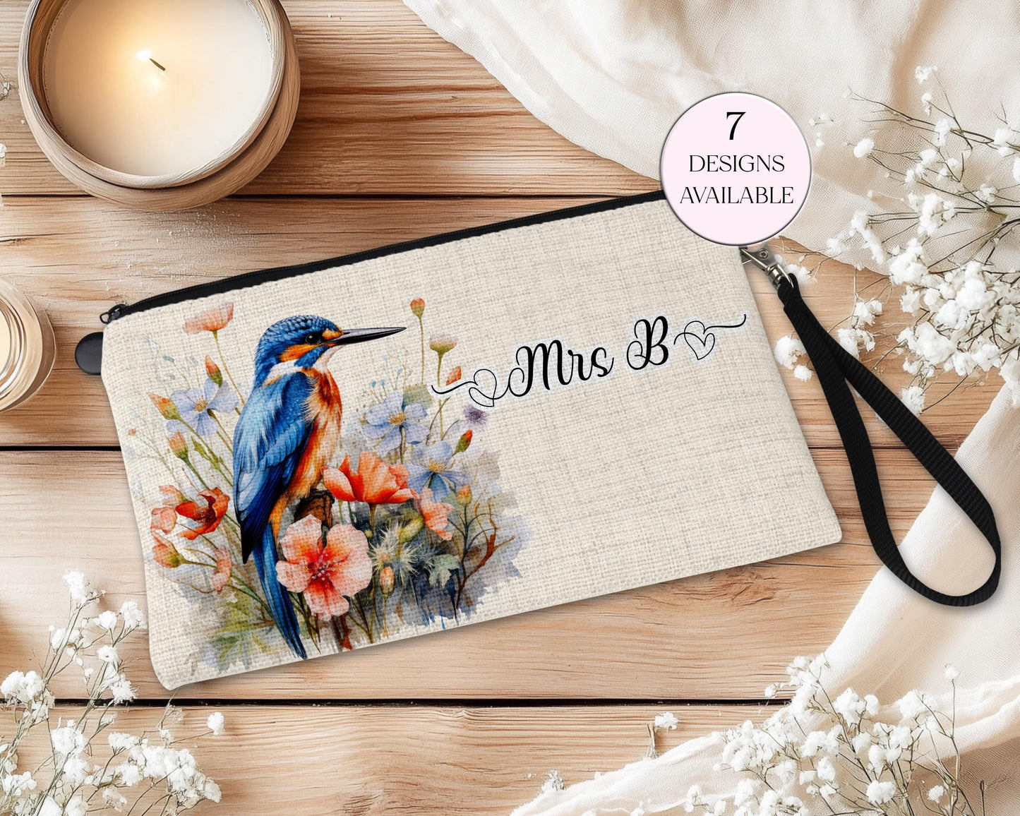 Personalised Kingfisher Makeup Bag – Custom Linen Pouch with Strap