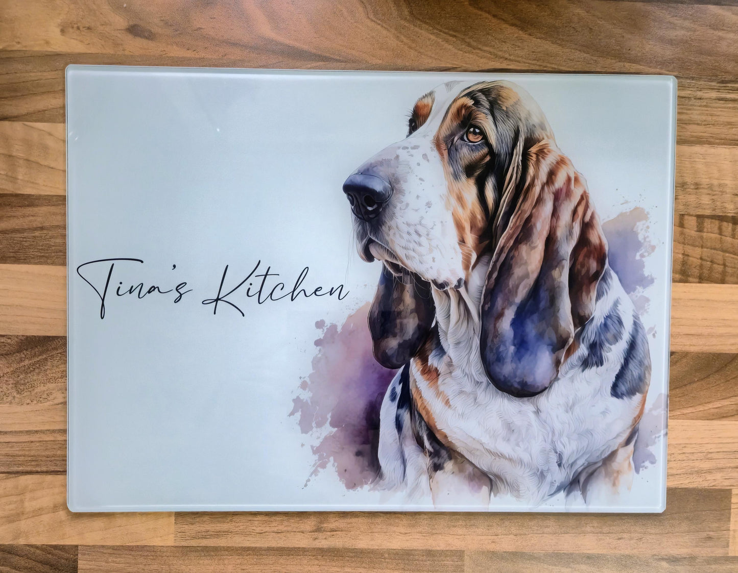 Personalised Basset Hound Glass Chopping Board | A3 or A4 | Dog Lover Gift