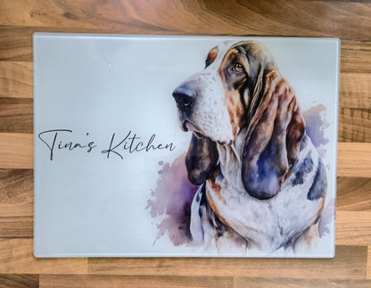 Personalised Basset Hound Glass Chopping Board | A3 or A4 | Dog Lover Gift