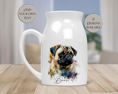 Personalised Watercolour Pug Milk Jug | Flower Vase | Pug Lover Gift