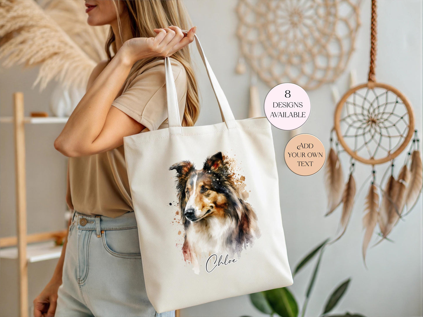 Personalised Watercolour Rough Collie Tote Bag | Custom Dog Lover Gift | Long Handle Shopper