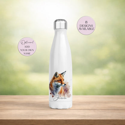 Personalised Fox Water Bottle – Insulated Stainless Steel Flask, Fox Lover Gift