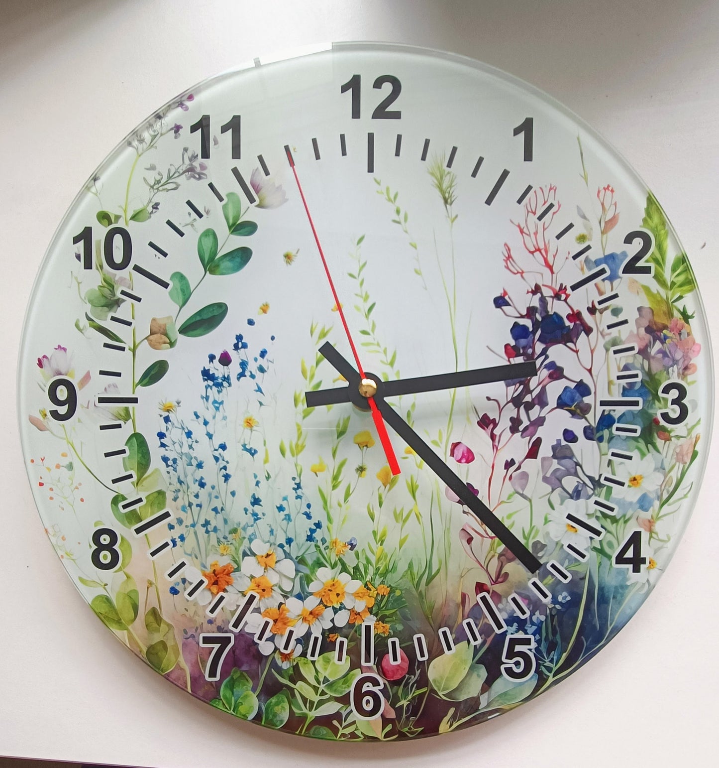 Glass Watercolour Wild Flower Clock – Floral Wall Clock, Nature-Inspired Home Gift