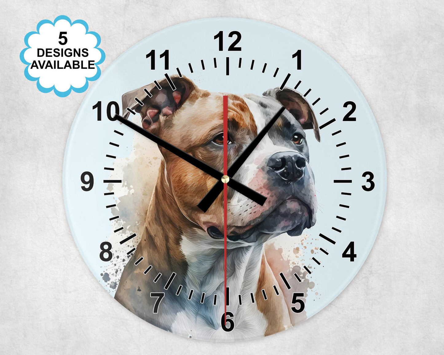 Glass Staffordshire Bull Terrier Wall Clock | Watercolour | Dog Lover Gift