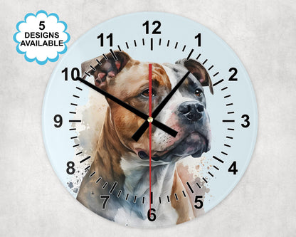 Glass Staffordshire Bull Terrier Wall Clock | Watercolour | Dog Lover Gift