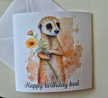 Personalised Meerkat Birthday Card – Cute Floral Greeting Card